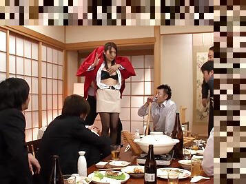 Japanese girl enjoys a gangbang with her co-workers