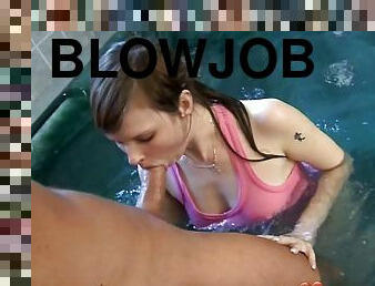 Hot tub blowjob from the teen excites his dick to bone her