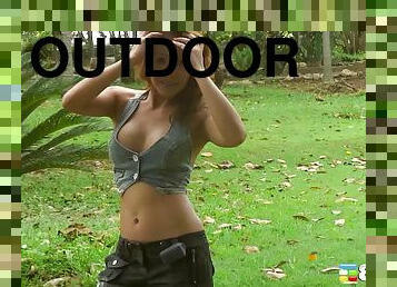 Awesome outdoor action for cutie who loves touching herself