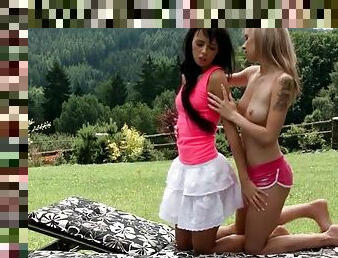 Outdoor hot lesbian sex with two teen sex sirens