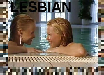 Lesbian bitches tribbing, kissing and fingering by the pool