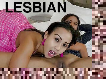 Big tit Thai lesbians Joon Mali and curvy Asian friend licking and toying