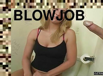 Blonde awarding big cock with blowjob in toilet gloryhole