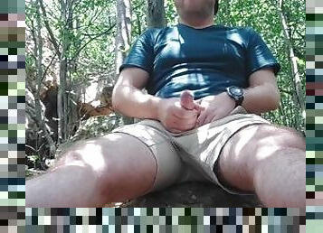 Uncut cock cumming in the woods