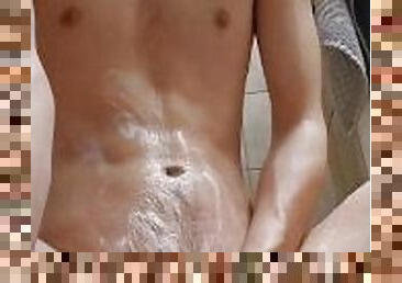 Wet soapy dick jerking off solo male