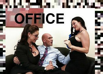 Big tits office sluts share his impressive cock in a hot threesome