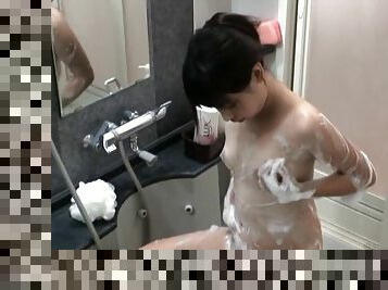 horny japanese cowgirl get soapy taking bath in solo model clip