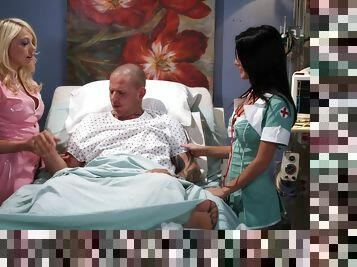 Two slutty nurses lured their patient into XXX threesome