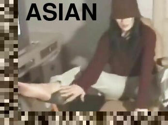 Blindfolded Asian Chick Touches Herself Over Her Pants