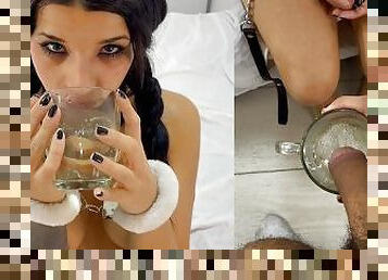 Submissive Drinks Glass of her Master's Piss for the First Time