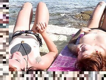 Brille And Cheri Tagging Graffiti Nude While On Vacation And Laying On A Topless Beach