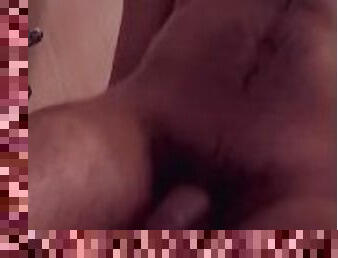 Horny hairy guy precums while riding 10 inch dildo in shower