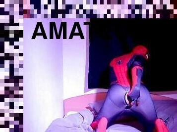 Spiderman zentai use a dildo and cum