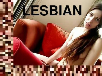 Lesbian Nina with sexy body lust on the sofa