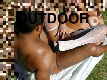 Luscious blonde babe with tan lines getting drilled hardcore outdoors