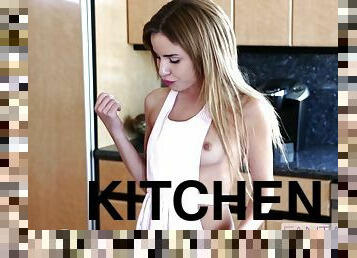 Small tit blonde hottie only knows how to suck a cock in the kitchen