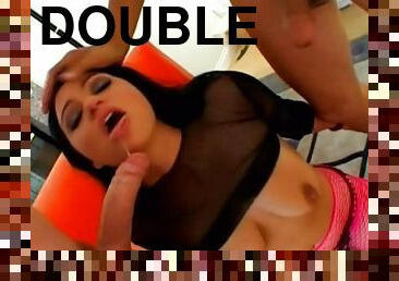Watch as this perfect babe in fish nets takes a double penetration close up