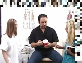 Two helpful nurses jerk a guy off into a sample cup