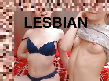 Lesbian stepsisters caress their bodies and kiss passionately