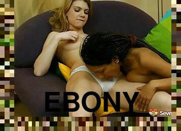 Hot ebony-skinned lesbian teen with big boobs getting her pussy licked
