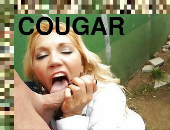 Cougar makes a guy's day when she attacks his cock like she's starving