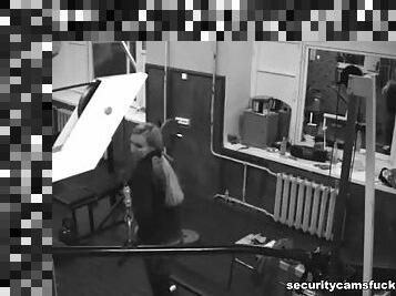 Sexy blond babe drops out her tits and gets in the security camera