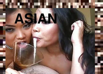 Two Asian girls share everything including his dick and his cum