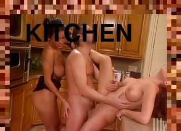 Rough sex in the kitchen with two kinky ladies in a threesome