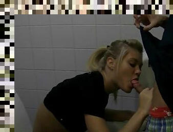Cute blonde Olya sucks a cock in the public bathroom