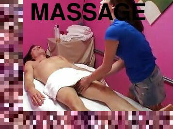 She ends his massage with a handjob then a blowjob