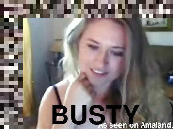 Busty blonde sucking dildo