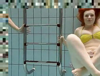 Two bikini chicks get naked in the pool