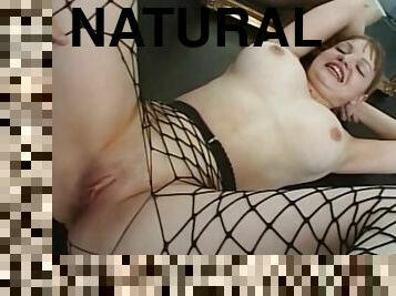 Striking babes with natural tits in fishnet pantyhose riding huge dick hardcore