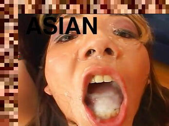 Asian babes swallowing cum after blowing cocks in an interracial group sex