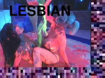 Big fake tits lesbian Rebecca Wild getting messy while enjoying pussy licking