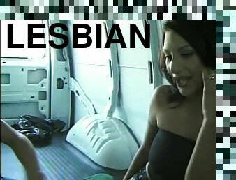 Misty joins a hot brunette in a van for a lesbian experience