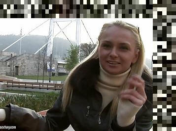 Hot blonde Ivana Sugar gives an interview in the street