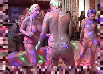 Lusty lesbians wrestling in mud at WAM party