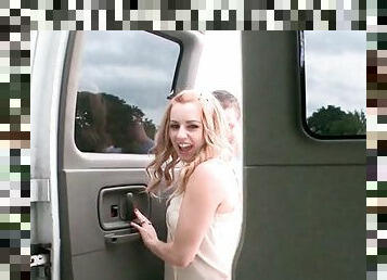Blonde teenie gets cunt licked in the sex bus