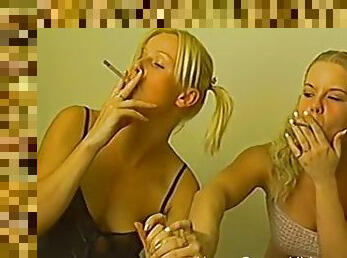 Cigarette smoking blondes seduce a fellow for a threesome