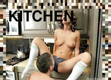 Horny, hungry Presley Hart starts her morning fucking in the kitchen