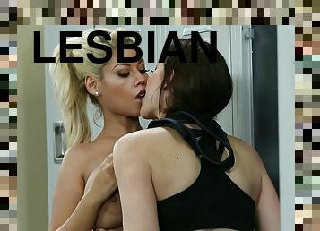 Post workout lesbian fucking with hot babes in the locker room