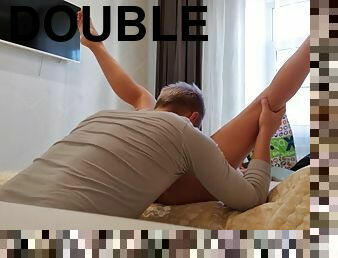 First double penetration! toy in the ass + dick in the pussy