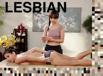Lesbian oil massage pleasure with a sexy tribbing finish