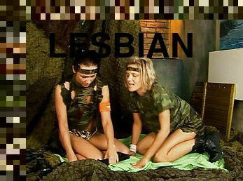 Lesbian army girls fucking in their tent with a dildo hardcore
