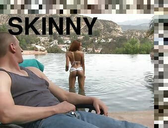 Skinny black chick in a tasty bikini fucked outdoors