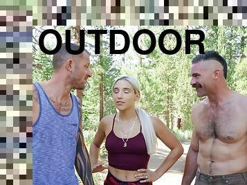 Abella has a three-way with two big-dicked hikers in the woods