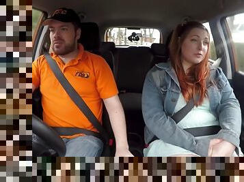 Curvy redhead tattooed babe publicly fucked in car by instructor