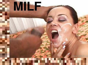 Spicy milf gets creampie facial after giving sensual blowjob in hot interracial clip