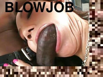 Her moth got stretched for giving blowjob to huge black cock